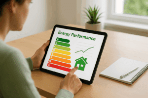 Personne utilisant une tablette pour calculer elle-même son DPE et organiser efficacement sa rénovation énergétique.