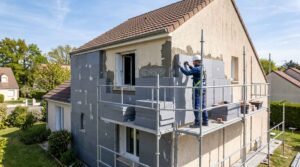 Sur un échafaudage, un ouvrier casqué pose des panneaux d'isolation thermique gris sur la façade d'une maison sous le soleil.