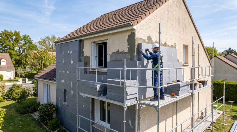 Sur un échafaudage, un ouvrier casqué pose des panneaux d'isolation thermique gris sur la façade d'une maison sous le soleil.