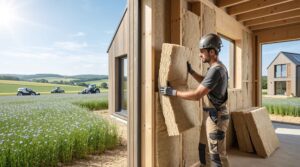 Un artisan casqué installe un panneau de laine de lin dans une structure en bois devant un champ de fleurs.
