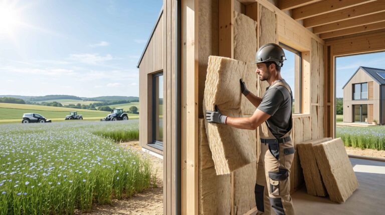 Un artisan casqué installe un panneau de laine de lin dans une structure en bois devant un champ de fleurs.