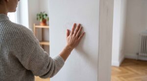 Vue de profil, une femme en pull gris pose la main à plat contre un mur blanc dans un logement.