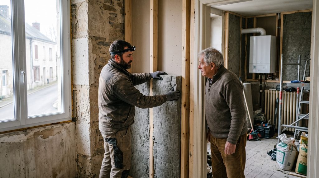 Un propriétaire questionne un ouvrier sur l'impact de la rénovation thermique à son domicile.